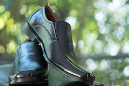 Elegant men's leather black shoes with nature background
