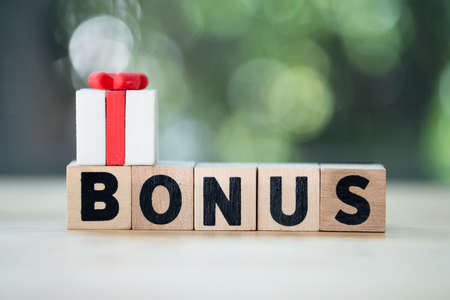 Letter block in word BONUS and gift box. Yearly bonus concept. Bonus is motivation in workの写真素材