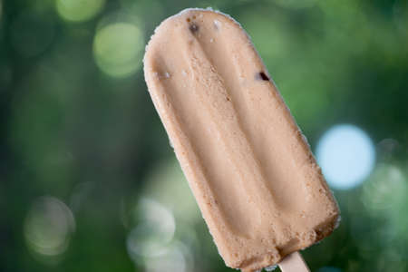 Close up view photo of hand holding tasty covered in chocolate ice creamの写真素材