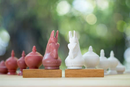 White and Red Knight Thai chess piece challenge, selective focusの写真素材