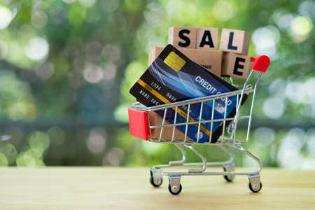 Credit card and miniature brown box in shopping cart. Using credit card easy payment online shopping conceptの写真素材