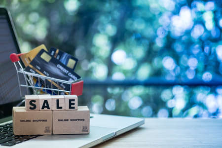 Miniature brown box with wooden block SALE. Consumers can buy products directly from a seller over internet using web browser. Ideas about online shopping and e-commerce.の写真素材