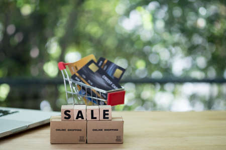 Miniature brown box with wooden block SALE. Consumers can buy products directly from a seller over internet using web browser. Ideas about online shopping and e-commerce.の写真素材
