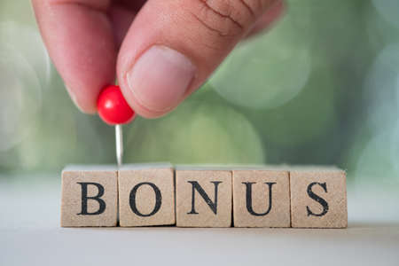Red pin push on wooden block bonus. Mark this year as bonus date. Concept of bonusの写真素材
