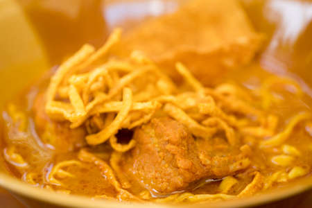 Curried noodle soup with braised pork Thailand call Khao Soi. Khao soi Traditional Thai Food