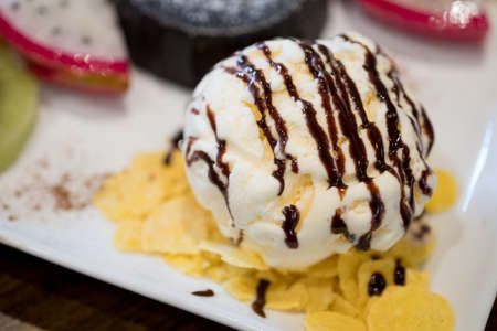 Vanilla ice cream with chocolate sauce topping. Close up