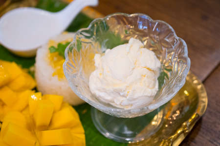 Coconut milk ice cream with mango and sticky rice, close up