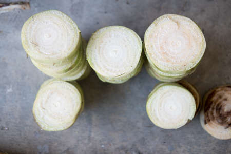 The trunk of a banana is cut into floating pieces. Used for make Krathong on Loy Krathong day in Thailandの写真素材