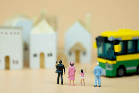 Miniature people : Children,students going to school with school bus. Image use for back to school,...