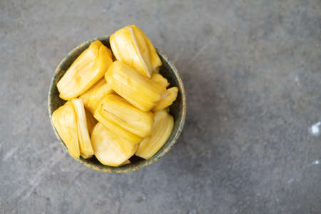 Fresh yellow ripe jackfruit slices sweet delicious. Exotic tropical fruitの写真素材