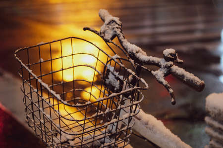 Close up of bike covered with fresh snow in Hokkaido, Japanの写真素材