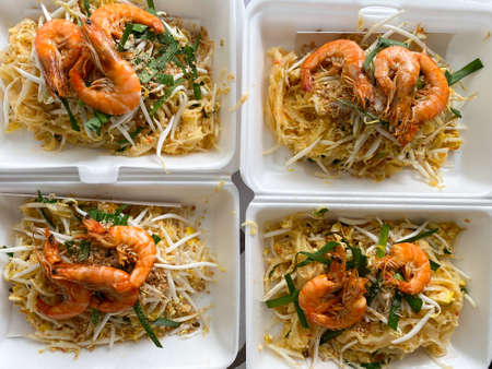 Pad Thai noodles Take away food in foam box, Thai food styleの写真素材