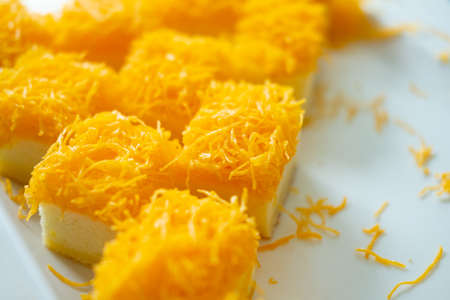 Thai traditional cuisine dessert from yolk ,sweet coconut milk and brown sugar call Cake foi thong