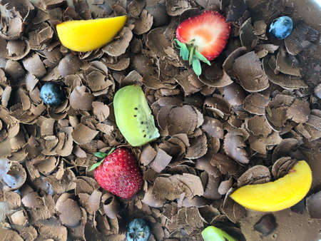Tasty chocolate pudding background. Light low-calorie dessert
