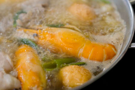 Delicious shrimp boiled in a pot. Close up
