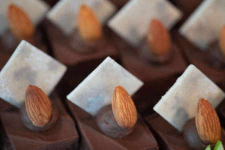 Brownie chocolate cake slices decoration with almond seed on topの写真素材