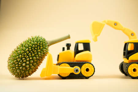 Toy truck and toy bulldozer moving Durian. Concept of Thailand agriculture