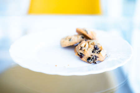 Chocolate chip cookie on white plate