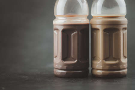 Plastic bottle of Mocha coffee and chocolate. Selective focus.の写真素材