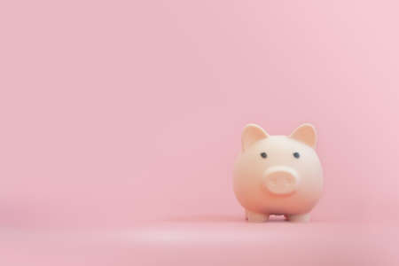 Cute of piggy bank pig pink on pink pastel background with hard light, minimal styleの写真素材
