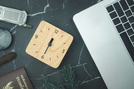 Top view of an desk office table. Desk top working and business concept. Office working atmosphere,...
