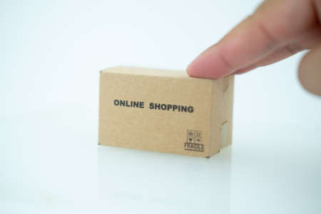 Hand sent miniature box on white background. Promote stay at home and shopping onlineの写真素材