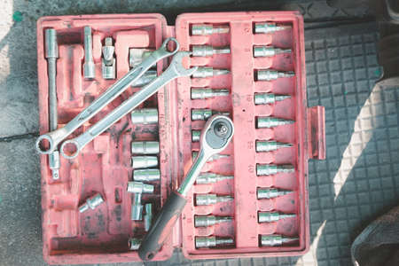 Mechanic tools set in red box. Steel Instrument. Repair box kit .