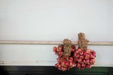 Thai red onion or Shallots hang on the wall in the kitchenの写真素材