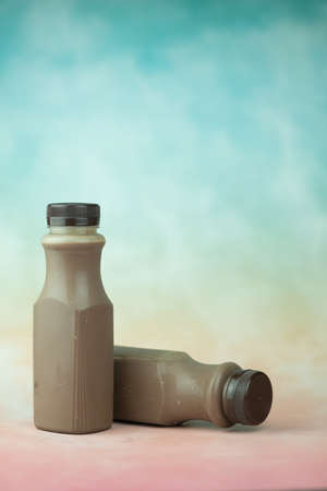 Tasty dark cocoa milk in plastic bottle on pastel background