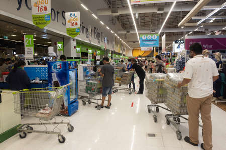 Samut Prakan, Thailand - May 3 2020 : People buy alcohol at Big C Extra Mega Banga after which the state prohibits selling during the coronavirus covid-19 outbreak in Thailand no sales of alcohol allowed in Thailand, during the month of Aprilのeditorial素材
