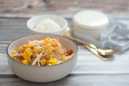 Thailand called Tum-Thai-Khao-Phod : Papaya salad with corn delicious food in Thailandの写真素材