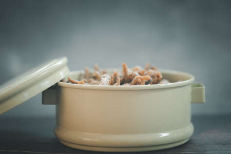 Close up of fried crispy small fish put in tiffin carrier. Thai style appetizer or snackの写真素材