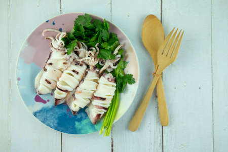 Steamed squids or Octopus on dish. Thai style seafood