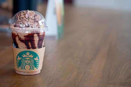 Samut Prakan, Thailand - June 14, 2020 : The new beverage from Starbucks is Choco-Choco Nutty Frappuccino, a chocolate-heavy treat that blends flavorful java chips with coffee. The mix is nutty taste of chocolate hazelnut sauce, mocha whipped cream, and sのeditorial素材