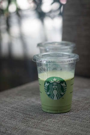 Samut Prakan, Thailand - June 19, 2020: Cup of iced green tea latte at Starbucks Coffee no put iceのeditorial素材