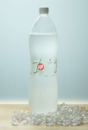 Bangkok, Thailand - June 19, 2020 : Big bottle of 7 Up Soft drink 1.45 litre. 7 Up is a brand of lemon-lime flavored non-caffeinated soft drinkのeditorial素材