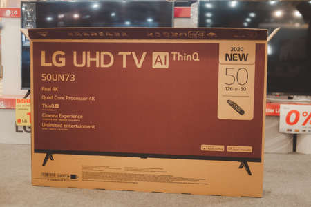 Samut Prakan, Thailand - July 20, 2020 : The new TV in 2020 from LG is  model of LG UHD TV AI ThinQ...