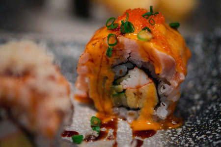 Spicy Salmon Maki Sushi (Salmon Roll). Selective focusの写真素材