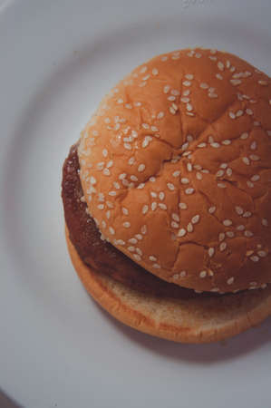 Fresh tasty pork burger. Close up and top view