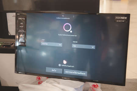Samut Prakan, Thailand - August 2, 2020 : The new TV in 2020 from LG is  model of LG UHD TV AI ThinQ...