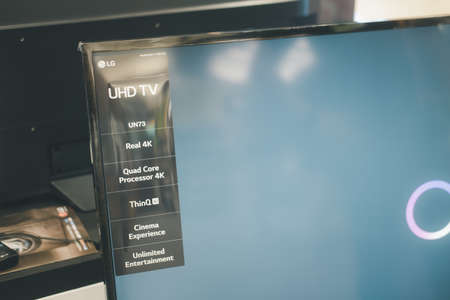 Samut Prakan, Thailand - August 6, 2020 : The new TV in 2020 from LG is  model of LG UHD TV AI ThinQ...