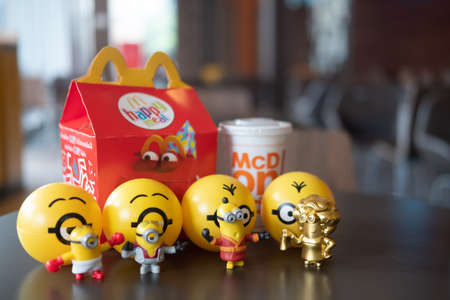 Bangkok, Thailand - August 6, 2020 : Happy Meal Collection new promotions set of cute Minion toy from Mcdonald fast food restaurantのeditorial素材
