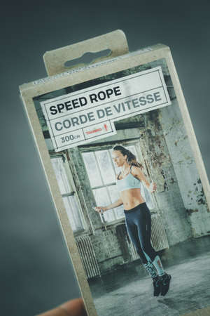 Bangkok, Thailand - August 13, 2020 : Brown box that contains Reebok Rope jump on black background