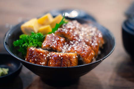 Japanese grilled eel with sweet sauce on rice bowl or unagi kabayaki in Japanese foodの写真素材