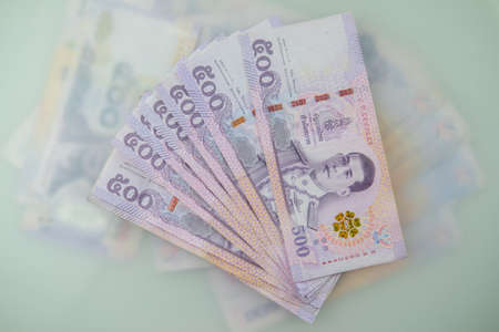 Group of money stack of 500 Thailand Baht banknote a lot of. Top viewの写真素材