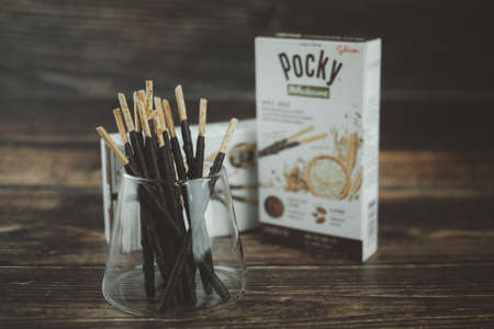 Samut Prakan, Thailand - August 23, 2020 : New flavour Glico Pocky Wholesome biscuit sticks box in...