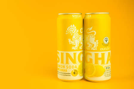 Samut Prakan, Thailand - August 30, 2020 : Canned of singha lemon soda no sugar the new products from "SINGHA". The brand is SINGHA, one of most famous beverage brand in Thailand.のeditorial素材