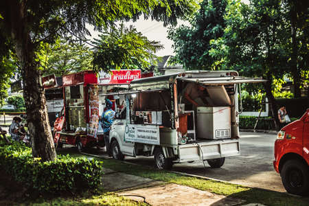 Samut Prakan, Thailand - August 30, 2020 : Food trucks caravan more than five shops that parkingâ andâ selling foodのeditorial素材