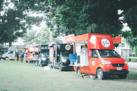 Samut Prakan, Thailand -  September 3, 2020 : Food trucks caravan more than five shops that...
