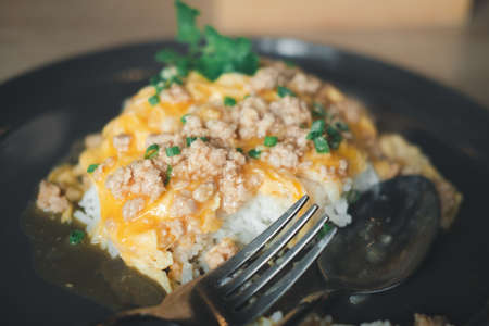 Scrambled eggs minced pork on top hot steam rice sprinkle with slice spring onions and corianderの写真素材